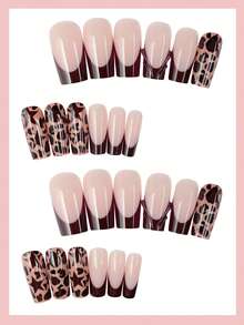 24pcs Set Of Medium Length Trapezoidal Nail Stickers Features A Nude Pink Base With Deep Purple French Edge And Star Design Perfect For Dates Comes With A Complete Set Of Jelly Glue And Nail Application Tools Autumn Collection Nail Art - Multicolor - View 2