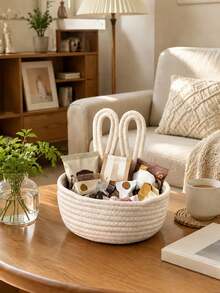 1pc 3D Rabbit Ear Storage Basket, Cream Style Desktop Organizer With Decorative Pom Poms, Suitable For Storing Small Accessories, Snacks And Sundries, Applicable For Bedroom, Living Room, Entryway And Bathroom - Multicolor - View 7