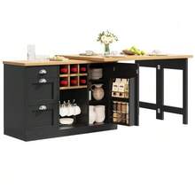 طاولة بار متعددة الوظائف مع تخزين، جزيرة مطبخ قابلة للطي مع رف زجاجات ودرج، مقابض معدنية، طاولة مطبخ قابلة للطي والدوران 360°، عربة تقديم للشقق الصغيرة، أسود - الأسود - مشاهدة 10