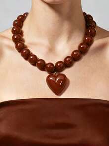 1pc Fashion Exaggerated Large Bead Punk Collarbone Chain Heart Pendant Beaded Necklace For Women - Brown - View 1