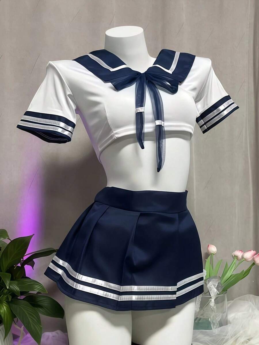3pcs Blue Striped College Theme Party Costume Set, Blue Striped Shawl, Crop Top, Pleated Mini Skirt, Suitable For Halloween Carnival Theme Party - Blue and White - View 1