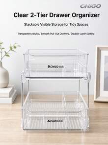 CHIGO Kệ lưu trữ ngăn kéo 2 tầng, thân hộp acrylic trong suốt với khung kim loại chắc chắn, 2 ngăn kéo kéo ra + vách ngăn tháo rời, lắp đặt không cần khoan, đặt trực tiếp để sử dụng. Tận dụng hiệu quả không gian theo chiều dọc, giải quyết sự bừa bộn trong tủ và trên mặt bàn, phù hợp cho nhà bếp, phòng tắm, bàn trang điểm và nhiều nơi khác, sắp xếp gọn gàng và dễ dàng truy cập - Màu trong suốt - Xem 5
