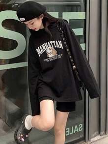 Women's Fashion Autumn/Winter Loose Minimalist Versatile Letter & Cartoon Puppy Print Long Sleeve T-Shirt - Black - View 5
