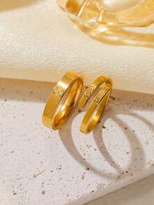 2pcs Stainless Steel Four-Leaf Clover Rings With English Engraving, Open Ring Set, Waterproof And Fade-Resistant, Suitable For Women's Daily Wear - Gold - View 3