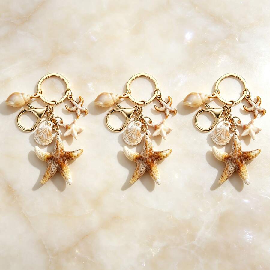 1 Set 3pcs Unisex Dual-Color Acrylic Seashell Keychain Cloud Small Conch Starfish Pendant Summer Beach Series Gift For Friends Key Chain Charm - Multicolor - View 1