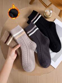 2 Pairs Women's Soft Warm Wool Socks, Coffee Color Black Striped Floor Socks, Suitable For Autumn/Winter - Multicolor - View 1