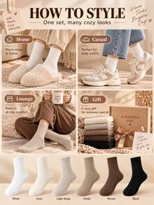 6 Pairs Women's Warm Thick Fleece Mid-Calf Socks, Autumn/Winter - Multicolor - View 11