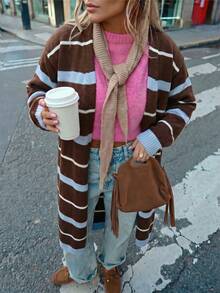 Women's Autumn/Winter Casual Y2K Outing Top Brown V-Neck Multi-Color Striped Long Knit Cardigan - Multicolor - View 7