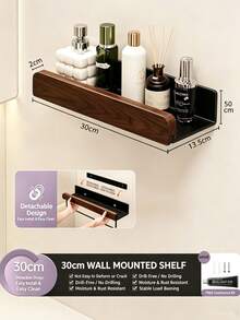 Rak Penyimpanan Dinding Kamar Mandi dari Kayu Walnut, Tidak Perlu Pengeboran, Rak Dinding Toilet & Wastafel dengan Drainase - MultiWarna - View 8