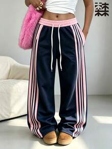 mulinsen Women's Sports Pants, Pink Side Contrast Stripes, Elastic Drawstring Waist, Suitable For Running, Gym, Streetwear - Navy Blue - View 3