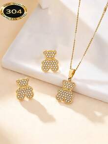 1 Set Stainless Steel Sweet Cool Style Full Rhinestone Teddy Bear Necklace & Earrings, Suitable For Women's Daily Wear And Girlfriend Gift - Gold - View 1