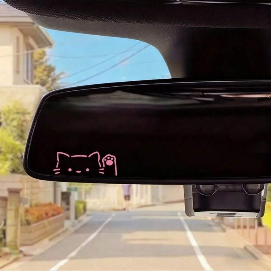 3/1pc Cartoon Cute Cat Waving Rearview Mirror Car Sticker, Minimalist INS Style Car Interior Decor Sticker, Easy To Apply Without Damaging Mirror Surface, Girls' Car DIY Fun Modification Decor - Maneki-neko - View 1