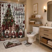 1pc/4pcs Plaid Border Gnome Christmas Tree Pattern Multi-Functional Bathroom Decor Shower Curtain Set Free 12 Hooks Premium Festive Atmosphere Bathroom Mat U-Shaped Floor Mat And Round Toilet Lid Cover Suitable For All Scenes Decoration Bathroom Set - Plaid Border Gnome Christmas Tree - View 4