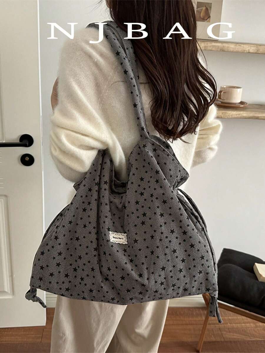 Fashionable Large Capacity Casual Minimalist Lightweight Multifunctional Star Pattern Tote Bag, Suitable For Young Women Commuting, Outing, Shopping, Work And Study, New Autumn/Winter Jacquard Handbag, Canvas Bag - Grey - View 1