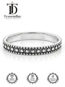 Tysoendlay S925 Sterling Silver Oxidized Studded Band Ring, Vintage Black Dot Texture Minimalist Ring, Retro Punk Gothic Stackable Jewelry For Women Men - Silver - View 6