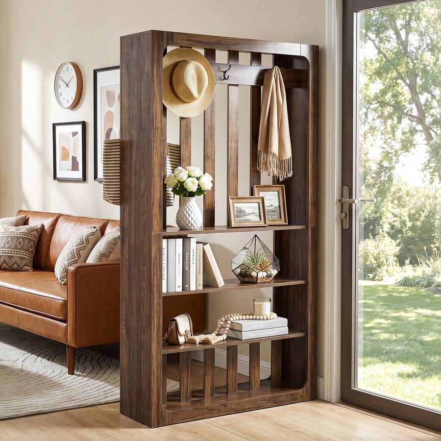 LITTLE TREE 70.9'' Wood Room Divider With Coat Hooks, Freestanding Wall Partition For Home & Office Decorative - 1PC - View 1
