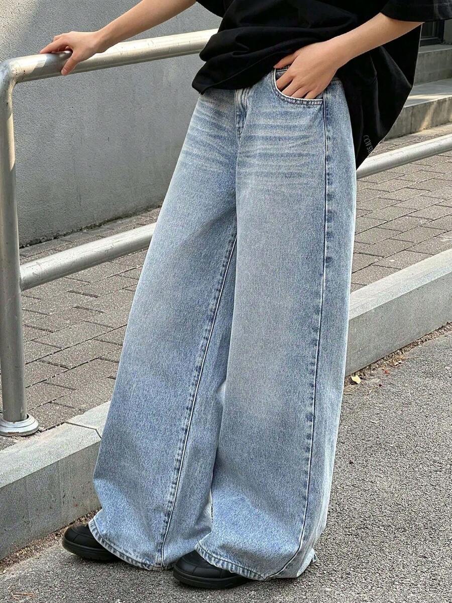 Youth Girl Y2K Casual Basic Loose Blue Jeans - Blue - View 1