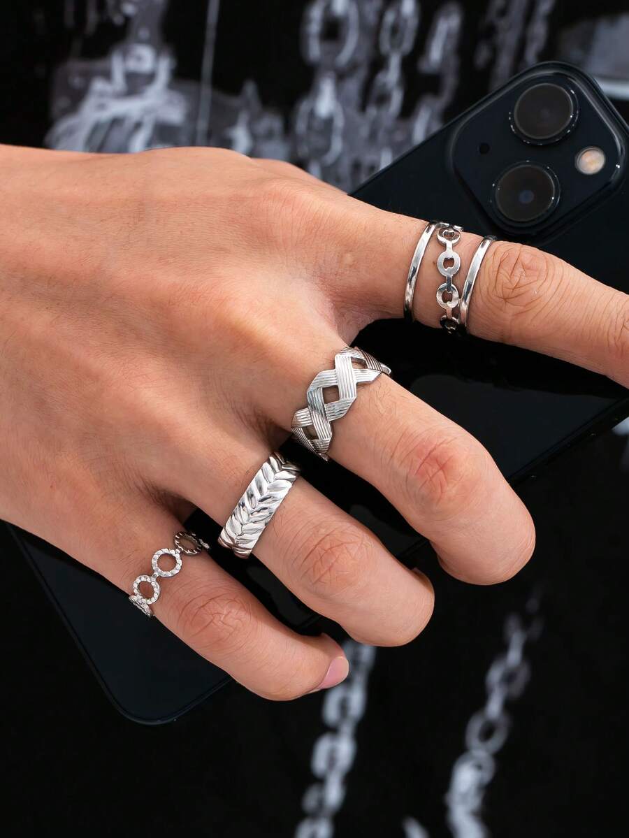 4pcs/Set Silver Stainless Steel Rings For Men, Geometric Pattern Jewelry, Sporty Style, Adjustable Open Ring, Fashion Gift For Boyfriend, Son, Halloween - Silver - View 1