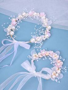 粉色花卉套組－婚禮、單身派對、新娘髮飾、髮花、女士髮箍、婚禮裝飾、婚禮寬邊帽 - 粉色 - 查看 6