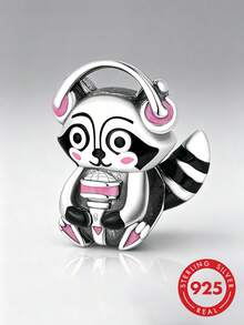 RADIVIDE 1pc 925 Sterling Silver Music Raccoon Bead, Pink & Black Resin Earphone Microphone Cartoon Animal DIY Bracelet Large Hole Accessory - Silver - View 1