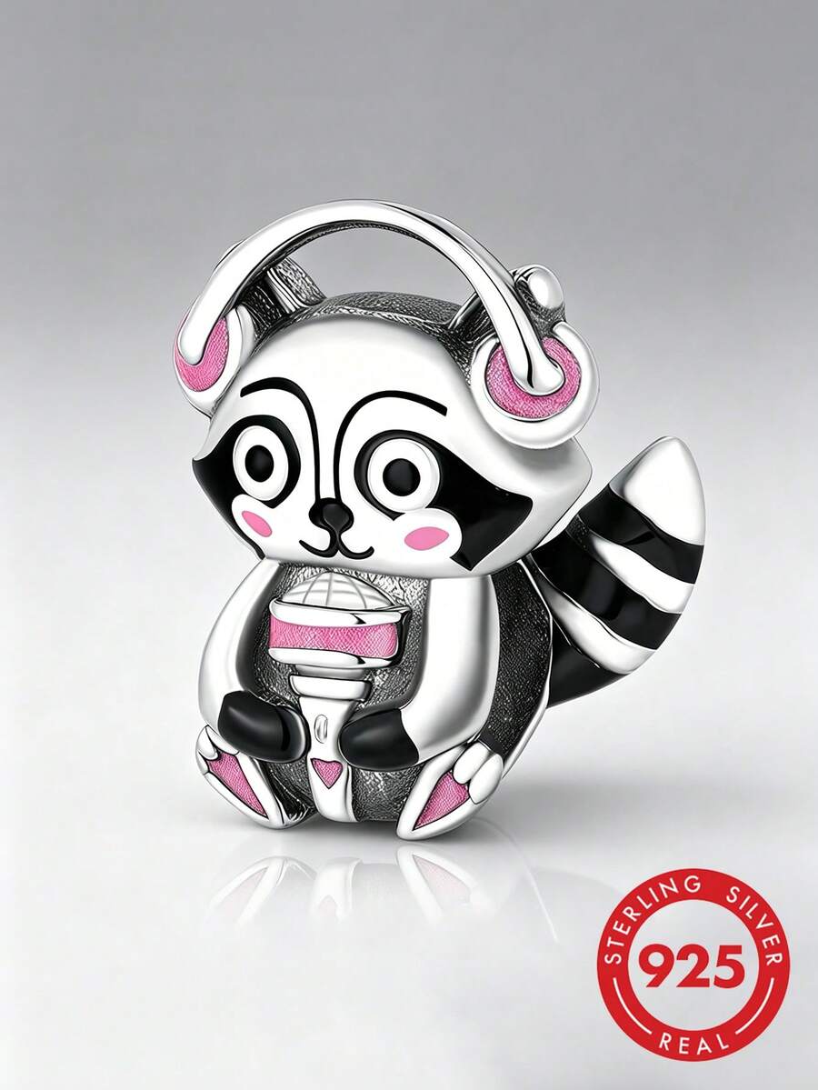 RADIVIDE 1pc 925 Sterling Silver Music Raccoon Bead, Pink & Black Resin Earphone Microphone Cartoon Animal DIY Bracelet Large Hole Accessory - Silver - View 1