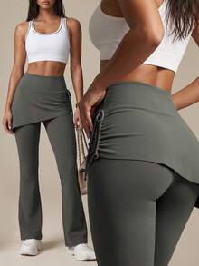 Soyun Women's High Waist Drawstring Ruched Hem Flare Yoga Pants, 2-In-1 Tummy Control Slim Fit Leggings For Yoga, Running, Cycling And Workout - Light Grey - View 2