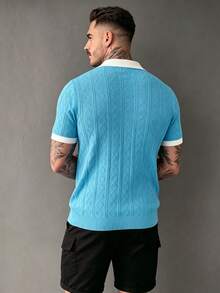 Kemeja Rajut Lengan Pendek Pria GRDR dengan Desain Trim Kontras - Kaos Kasual Modis - Mint Blue - View 5