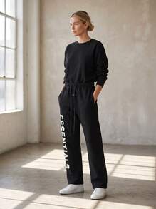 Fear Of God Essentials FW24 Black Straight‑Leg Fleece Sweatpants, Oversized Relaxed Fit Drawstring Trousers For Daily Street Outfit, Casual Hangout - Black - View 4