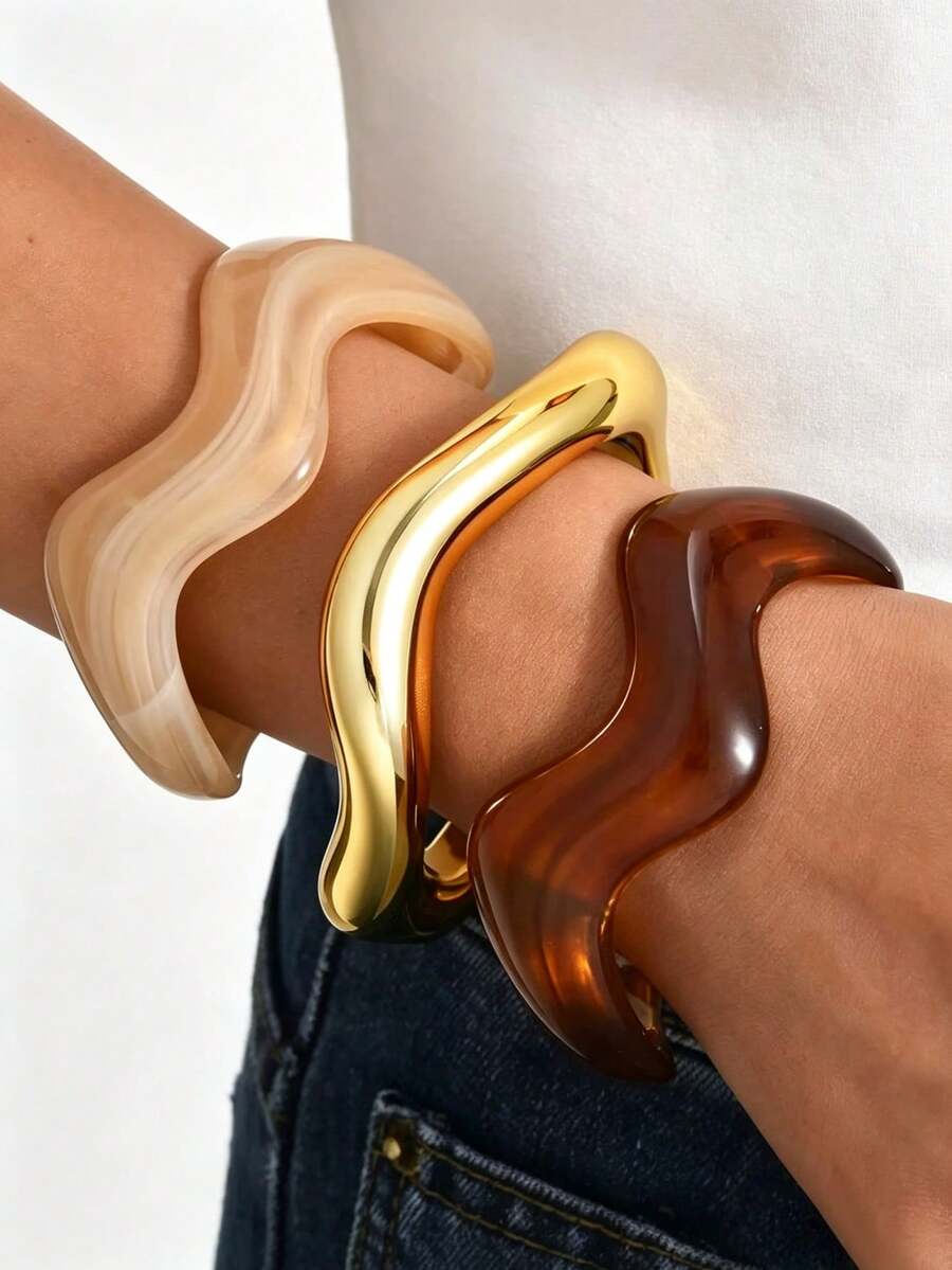 Bộ 3/1 vòng tay nhựa acrylic resin gợn sóng phong cách vintage, phù hợp cho nữ đeo hàng ngày - Nhiều màu - Xem 1
