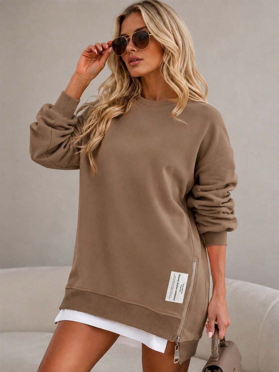 ChicMe بلوزة نسائية بياقة مستديرة وأكمام طويلة، سحاب منقسم 2 في 1، قصة فضفاضة واسعة، ملابس يومية للشارع
