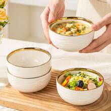 YOLIFE 2/4/6pcs Ceramic Bowl Set, Elegant Gold Rim Design, Kitchen Accessories, Pasta Bowl, Rice Bowl, Breakfast Bowl, Suitable For Serving Hot Noodles, Rice And More, Ideal For Home, Restaurant, Party Use, Perfect Holiday Gift - Multicolor - View 5