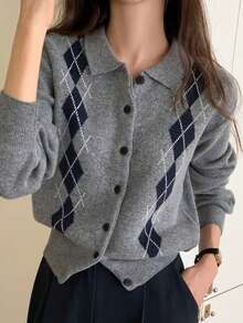 Slouchy Knitted Cardigan Women's College Style Retro Argyle Lapel Single-Breasted Knitted Cardigan Sweater - Grey - View 2