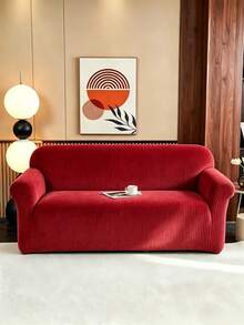 1PC Christmas Holiday Burgundy Vertical Striped Jacquard Fleece Sofa Cover, 3D Straight Texture Pleated Hem Full Coverage Sofa Protector, Soft & High Elasticity, Machine Washable, Dry Cleanable, Hand Washable, Living Room Holiday Sofa Cover, Suitable For 1/2/3/4 Seater Sofa, Spring/Summer/Autumn/Winter All Seasons - Red - View 5