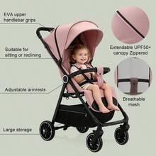 Lightweight Baby Stroller, FoldableStroller, Extended Sun Canopy ,Adjustable Backrest, Breathable Mesh, Easy To Carry, Suitable For Travel - Pink - View 7