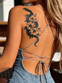 Herbal Juice Semi-Permanent Tattoo Sticker Design Snake & Floral Pattern 14 Days No Fading Music Festival Party Gift Shoulder Back Waist Abdomen Leg Body Temporary Tattoo Sticker 1pc/Pack - Blue - View 2