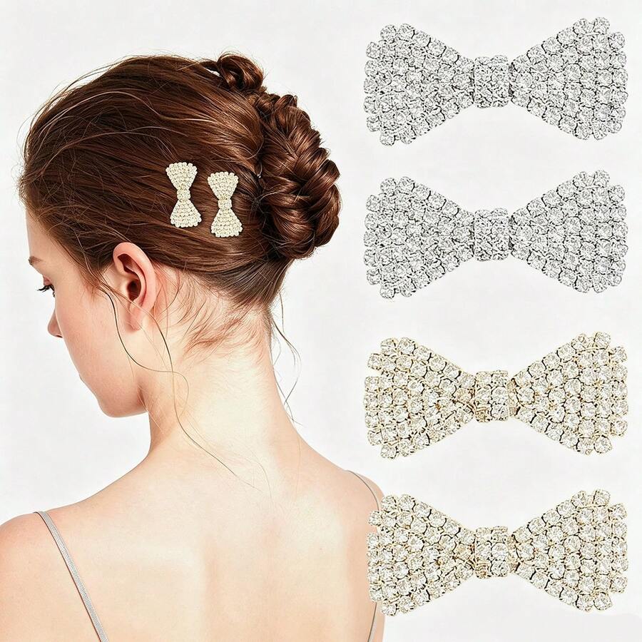 4/2/1pcs Cute Bow Rhinestone Hair Clips Metal Hairpins Fashion Bow Side Clips Women Girls Hair Accessories (Gold + Silver)