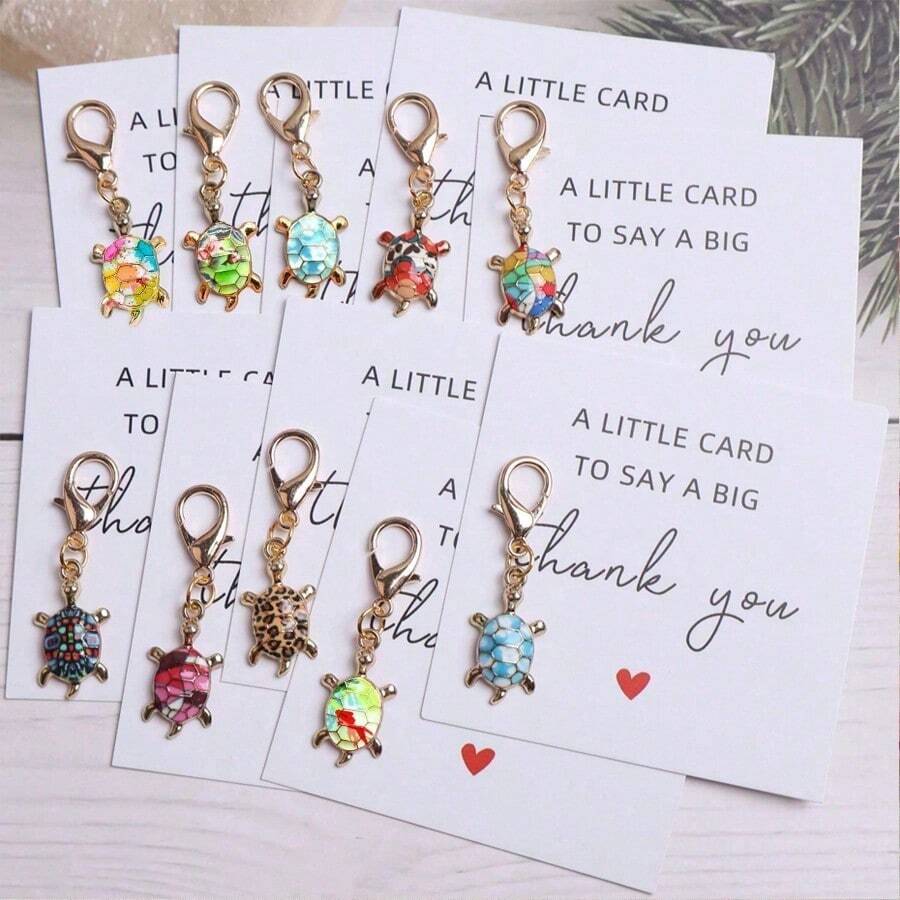 10pcs Unique & Fun Turtle Keychain Set, Includes Thank You Card And Greeting Card. Cute Turtle-Shaped Pendant, Can Decorate Backpack, Handbag And Car Keys. Perfect Gift For Birthday, Wedding, Bachelorette Party, Christmas, Halloween, Valentine's Day, New Year, Graduation. - Multicolor - View 1