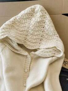 Women's Autumn/Winter Knitted Hollow Out Hooded Cardigan, Unique Niche Design, Versatile Daily Long Sleeve Sweater Jacket - Apricot - View 3