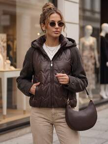 Women's Quilted Jacket With Detachable Hood, Zip Pockets, Relaxed Fit, Hip Length - Brown - View 2