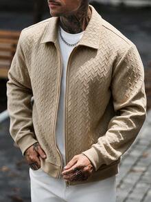 Men's 3D Herringbone Wheat Jacquard Collar Full Zip Long Sleeve Sweatshirt, Versatile Casual Jacket - Khaki - View 1
