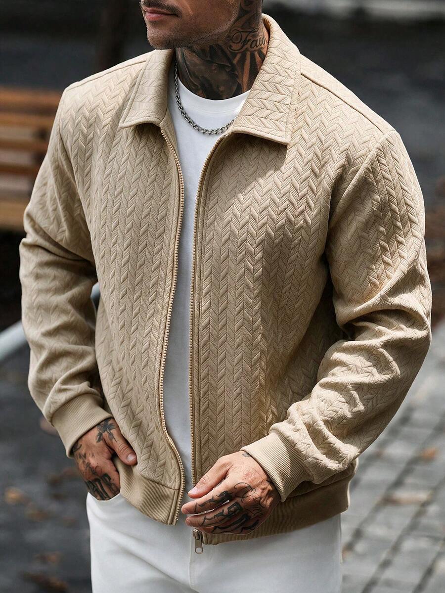 Men's 3D Herringbone Wheat Jacquard Collar Full Zip Long Sleeve Sweatshirt, Versatile Casual Jacket - Khaki - View 1