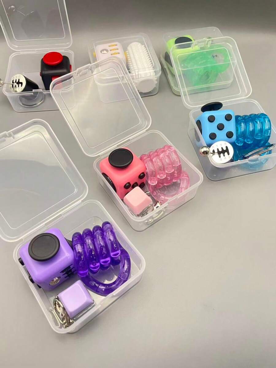 1 Set New Office Stress Relief Toy Kit, Includes Multi-Function Stress Dice, Twist Toy And Clicker, Transparent Box Packaging Easy To Carry, Suitable For Office Stress Relief, Holiday Gift