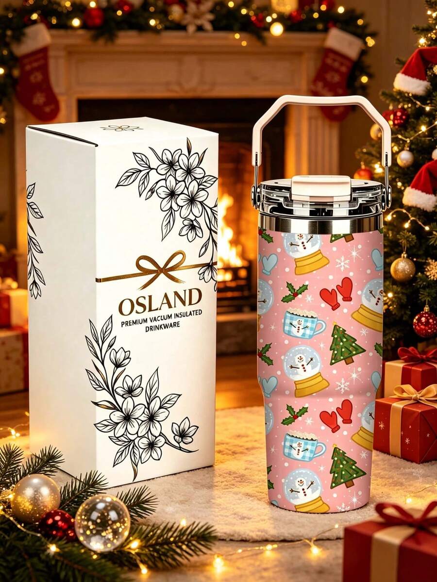 1pc/5pcs 30oz Pink Snowflake Ball Christmas Insulated Tumbler, Stainless Steel, With Handle, Straw And Leak-Proof Flip Lid, Snowman Ball, Christmas Tree And Winter Glove Print, Suitable For Birthday And Holiday Gifts, For Travel, Work, Fitness And Daily Outdoor Use - Pink - Snowman Snow Globe - View 1