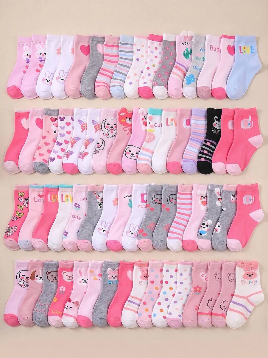 20雙兒童卡通中筒襪,粉色女童襪,附蝴蝶結、愛心、兔子、小狗、小豬印花與刺繡,蕾絲飾邊設計,適合1-16歲兒童,舒適柔軟親膚,適合秋冬日常穿著,適合聖誕主題派對穿著 - 彩色 - 查看 1