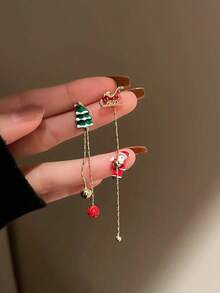 Christmas Earrings Creative Versatile Fashion Popular, Climbing Tree Design, Santa Claus Theme Asymmetrical Holiday Outfit Perfect Gift - Santa Climbing Tree - View 3