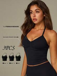UONNOU 3pcs Women's Sports Shaping Tank Tops, Halter Neck Ruched Design, Removable Pads, Off Shoulder & Open Back, Fitness Workout - Multicolor - View 8