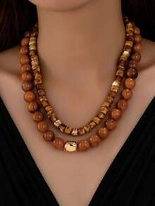 OABE 2pcs/Set Bohemian Style Brown Tone Spherical Beads & Asymmetrical Shaped Beads Necklace Set, Layered Vintage Autumn Outfit Accessory Suitable For Women's Daily Wear - Brown - View 2
