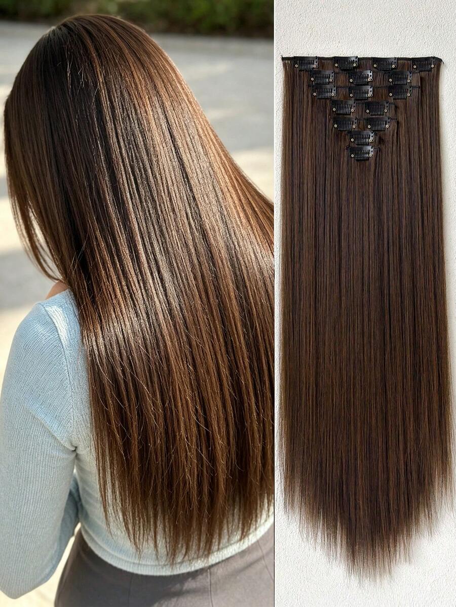 ZURO 16 Clips 22 Inch 7pcs Straight Long Synthetic Hair Extensions, Light Brown, Halloween