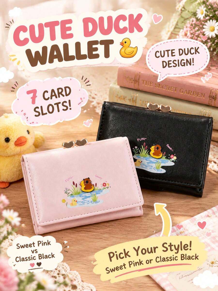 New Duck Cartoon Short Wallet, INS Style Cute & Playful Kawaii Print PU Leather Card Holder With Multiple Card Slots, Student Coin Purse, Women's Wallet, Coin Pouch - Multicolor - View 1