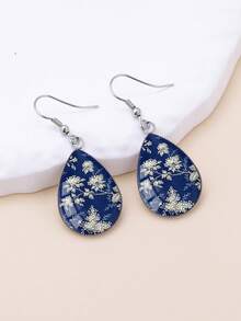 YUJUGLOW 1 Pair Vintage Blue Porcelain Rose Pattern With 316 Stainless Steel Water Drop Earrings, Suitable For Women's Daily Wear - Blue - View 6